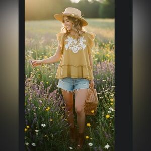 THML Mustard Ruffle Babydoll Blouse with White Embroidered Detail Cottagecore